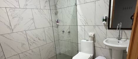 Un baño con ducha envuelta en vidrio, inodoro y lavabo.