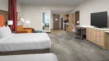 Desk, blackout curtains, iron/ironing board, bed sheets