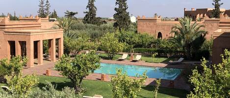 A pool area with lounge chairs, a clear blue pool, and surrounding greenery.