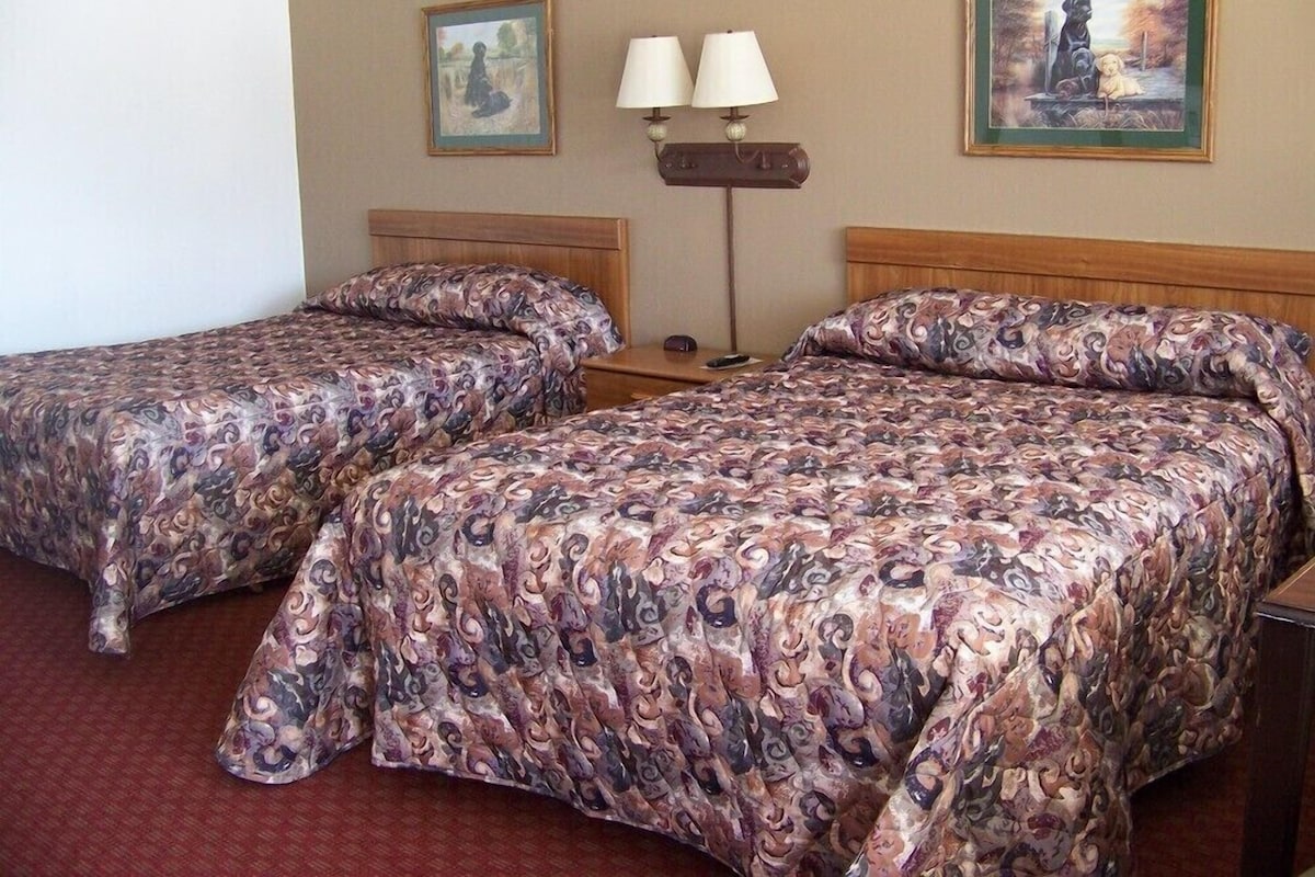A hotel room with two beds, each with patterned bedding, a nightstand with two lamps, and two framed paintings on the walls.