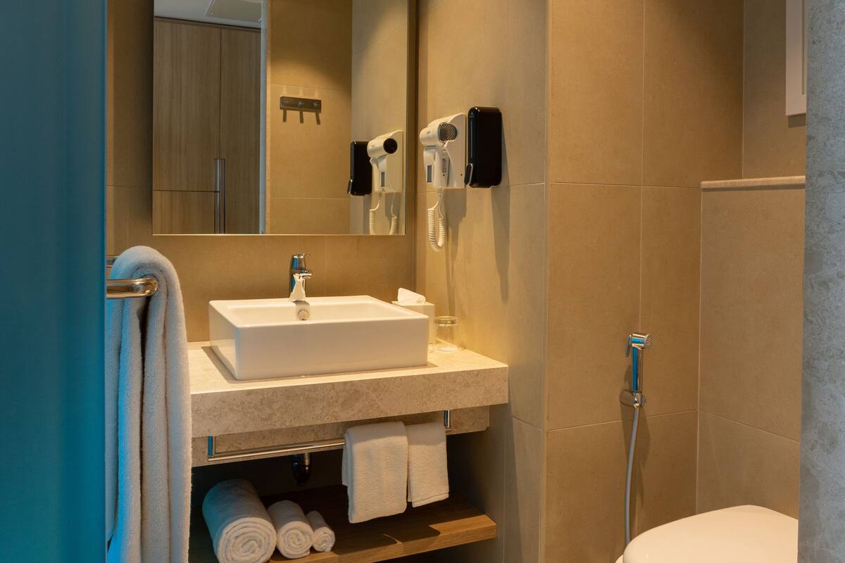 shower, hydromassage showerhead, hair dryer, slippers