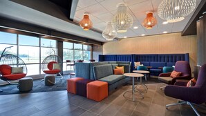 A modern lounge area with seating, a sofa, and a coffee table.