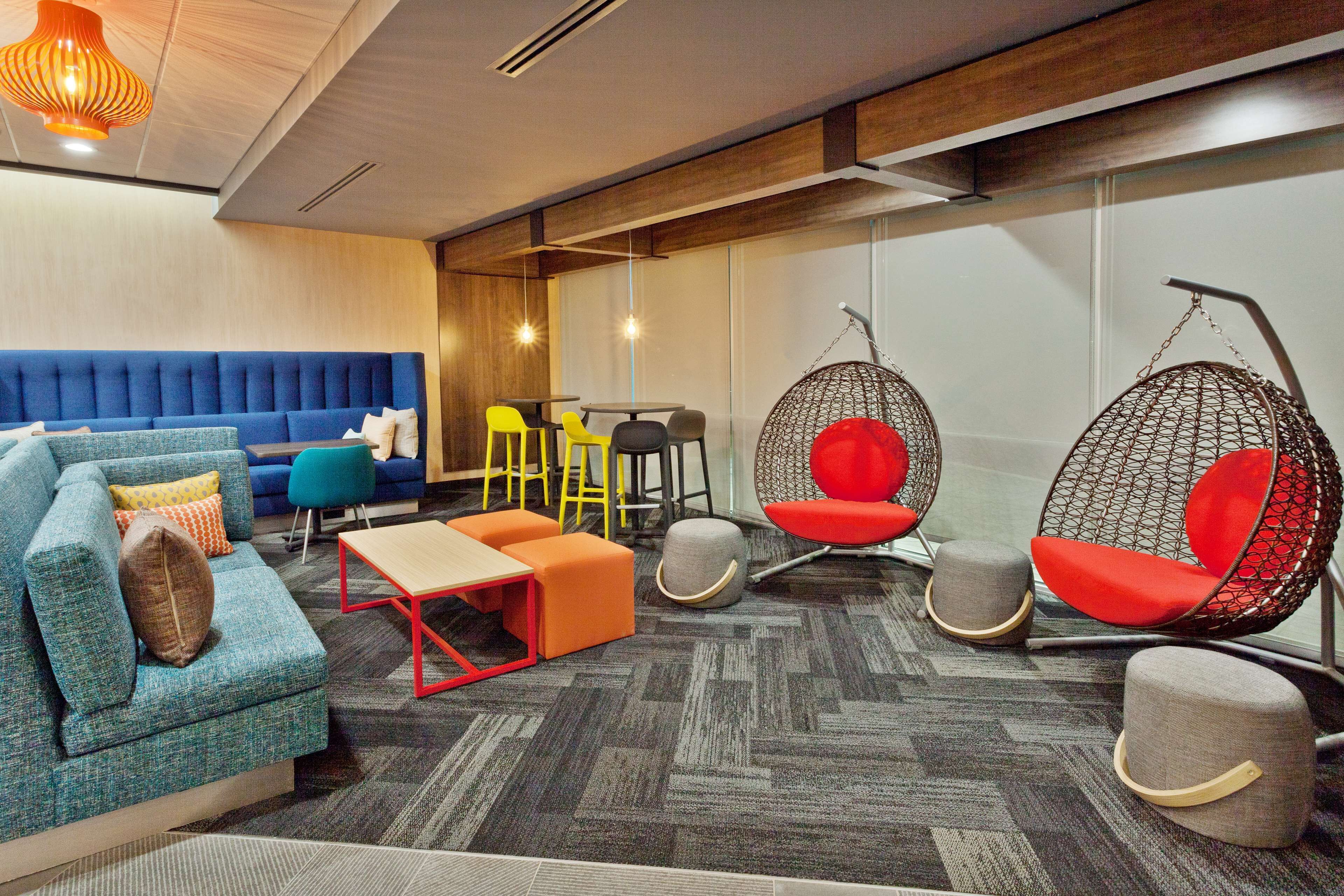 A modern lounge area with a blue sofa, colorful chairs, and a hanging chair.