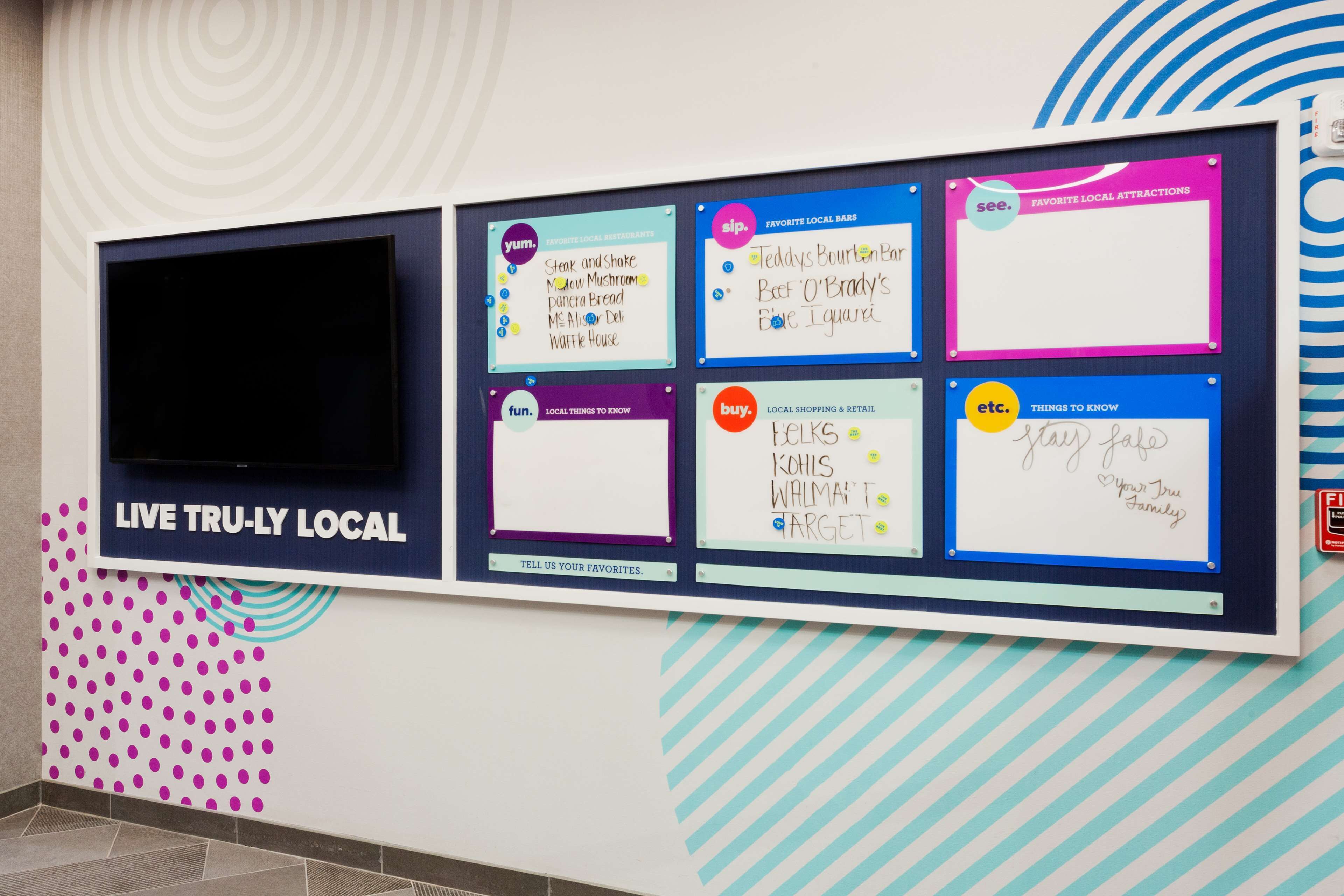 A bulletin board with various local attractions and businesses listed, including restaurants, bars, and shopping areas.