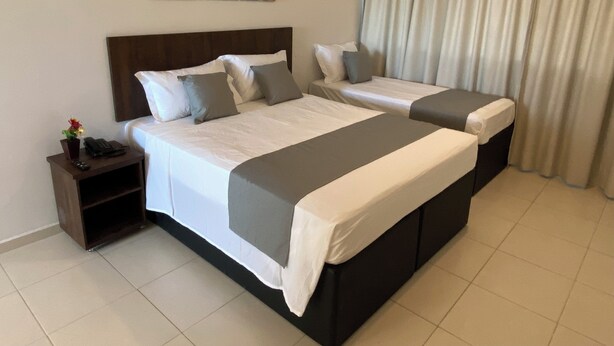 A double bed with a wooden headboard, two bedside tables, a small potted plant, and a painting on the wall. - Paris Hotel by H Hotéis Business (Taguatinga)
