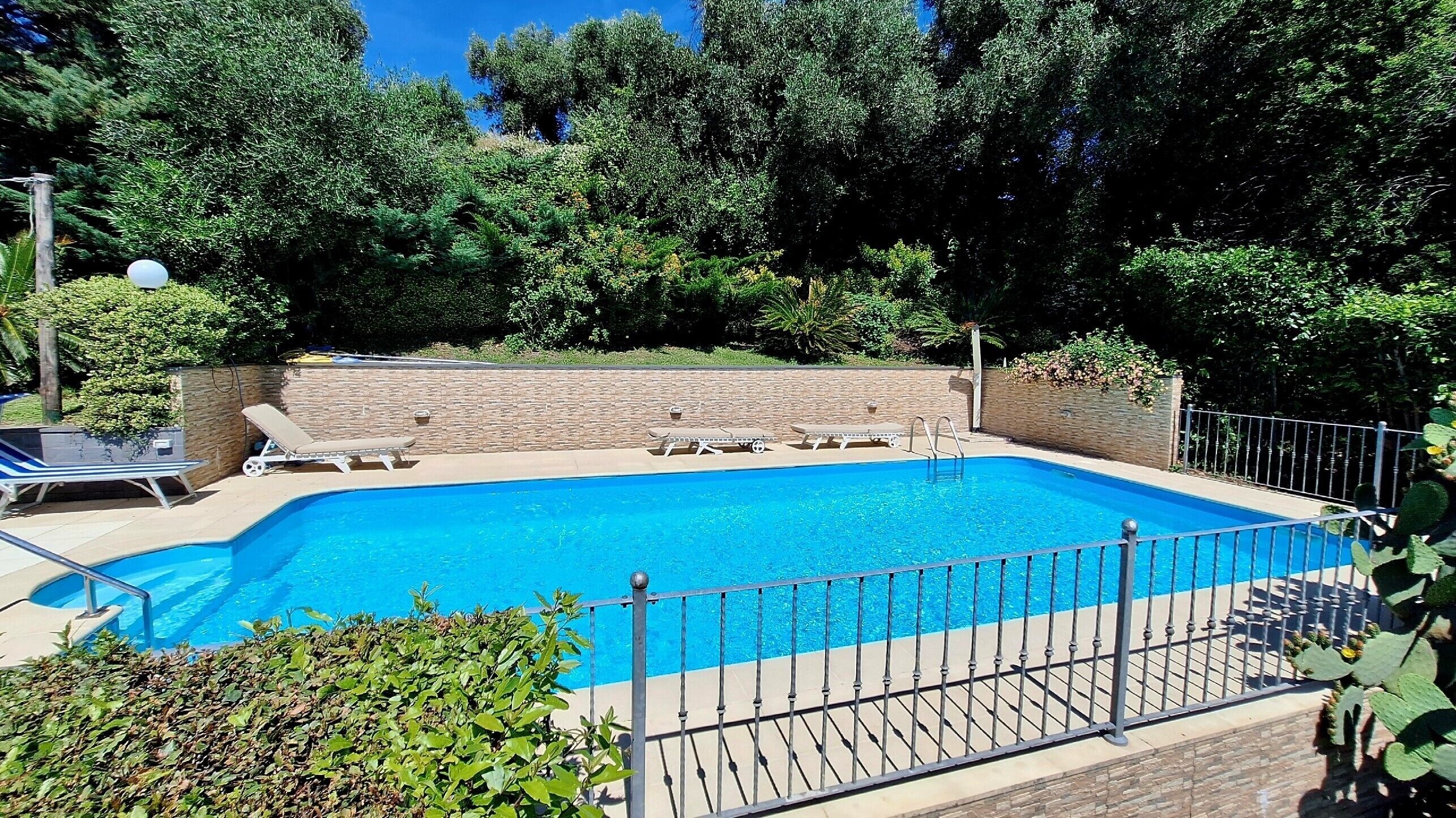 Une piscine rectangulaire, dotée d’une plage carrelée et entourée d’une clôture en métal.