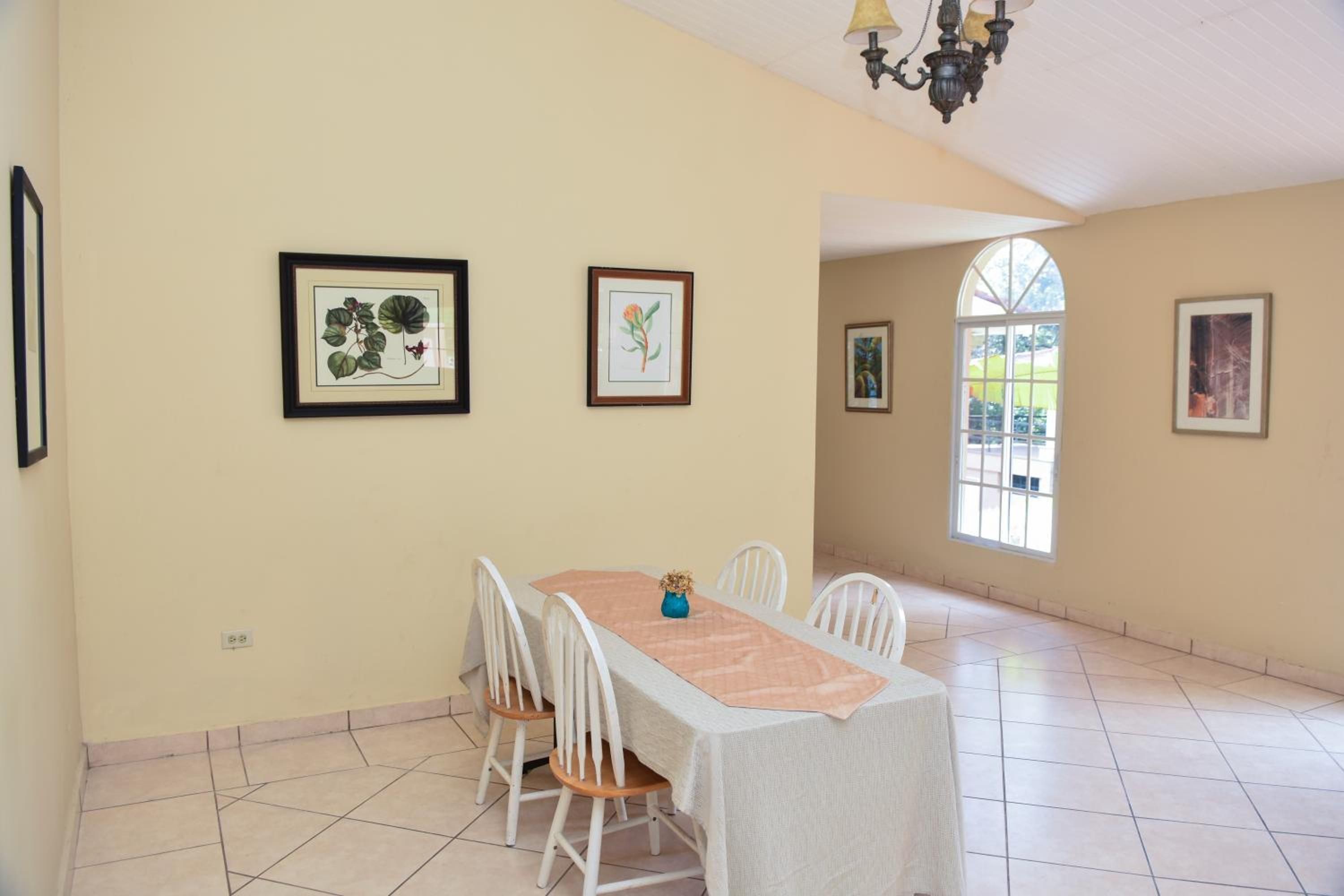 Un comedor con una mesa, sillas e ilustraciones botánicas enmarcadas en la pared.