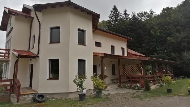 A two-story building with a balcony, a covered porch, and a small garden area with potted plants. - Pensiunea Rozelor (Simbata de Sus)