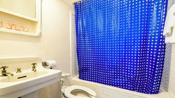 A bathroom with a white sink, a toilet, and a blue shower curtain.
