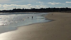 A wide sandy beach with gentle waves, a clear sky, and a distant shoreline with buildings.