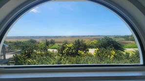 A view from a window with a semi-circular frame, overlooking a landscape with trees and open fields.