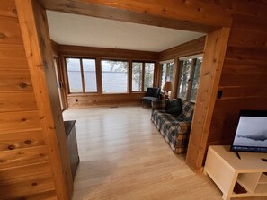 Smart TV, fireplace, books