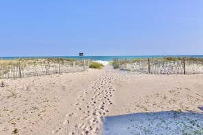 On the beach, sun-loungers, beach towels