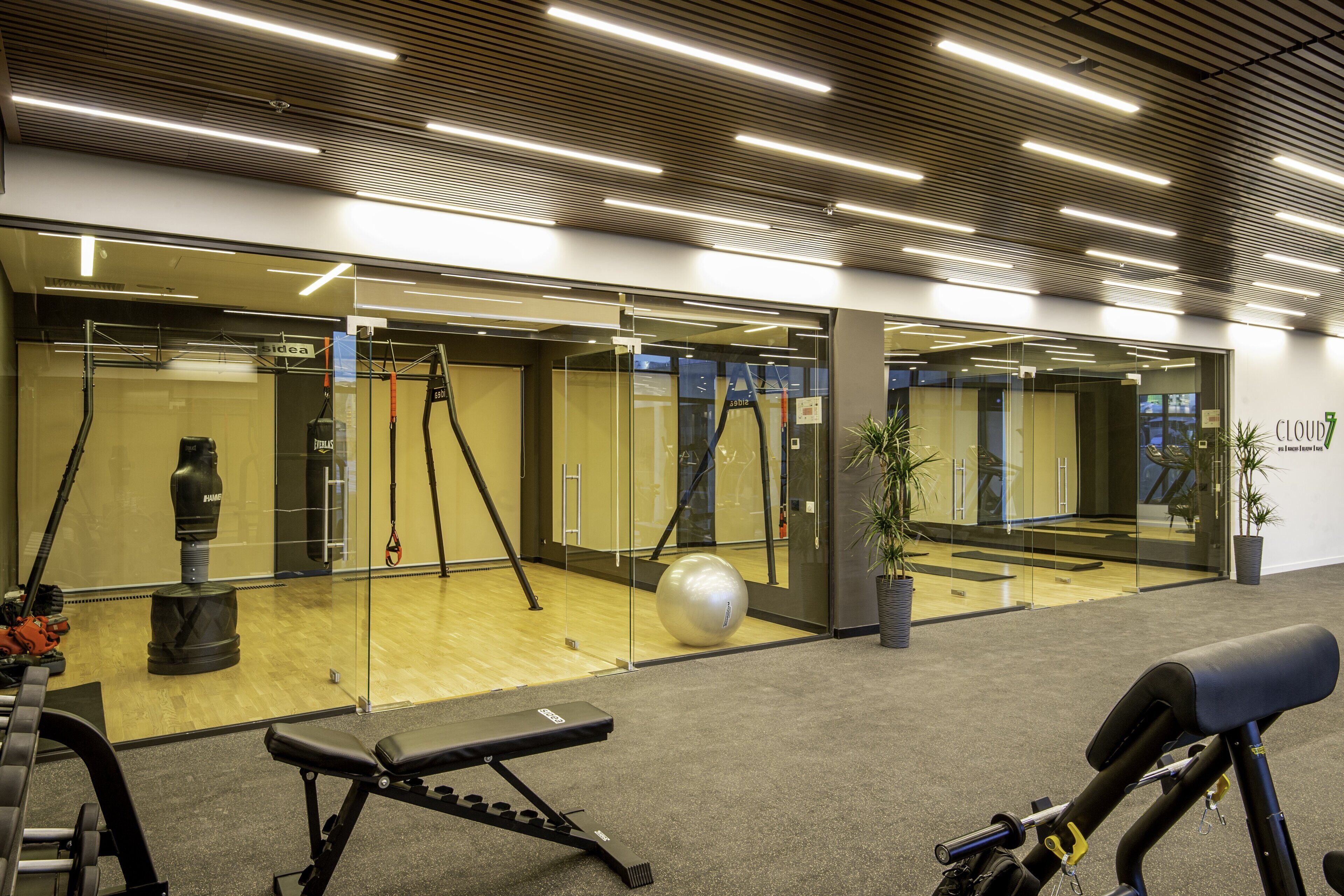 Un gimnasio moderno con equipo de ejercicio, un saco de boxeo y un espejo grande.