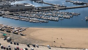 En lysthavn med mange både i havnen, en sandstrand og en parkeringsplads med biler.