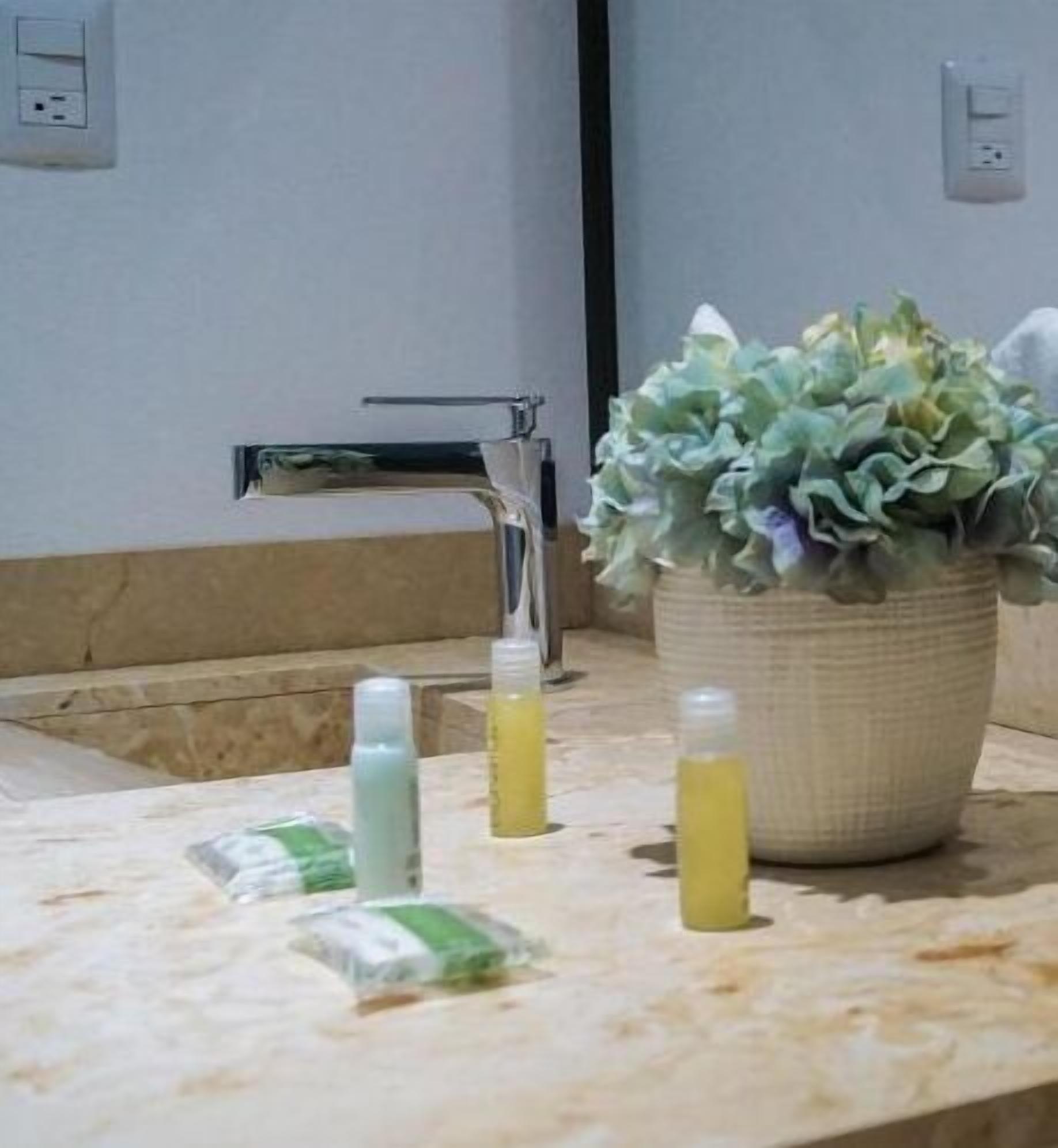 A bathroom with a marble countertop, a potted plant, and toiletries.