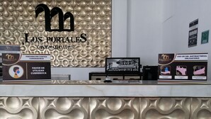 Een hotel receptiebalie met een patroonwand, een televisie en informatieposters.