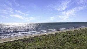 A beach with a clear sky and a pathway along the shore.