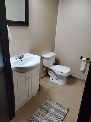Combined shower/bathtub, hair dryer, towels, soap