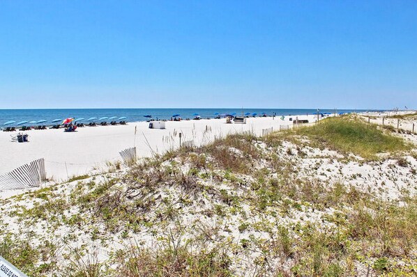 A beach with white sand, some vegetation, and a clear blue sky.