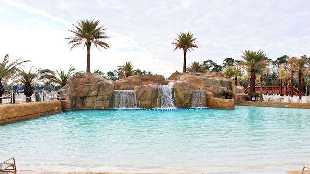A pool with a waterfall feature, surrounded by palm trees and rocks.
