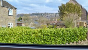 A residential area with stone buildings, a hedge in the foreground, and a distant view of a town with hills.