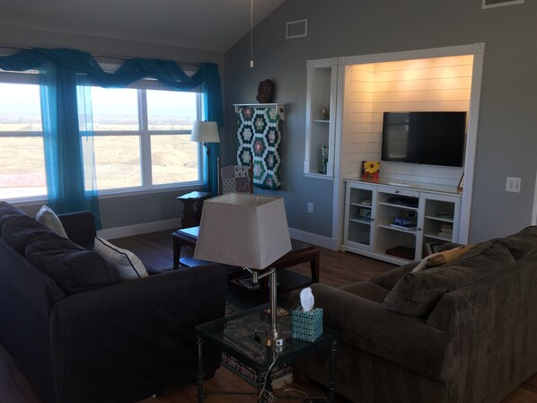 Smart TV, DVD player, books, music library