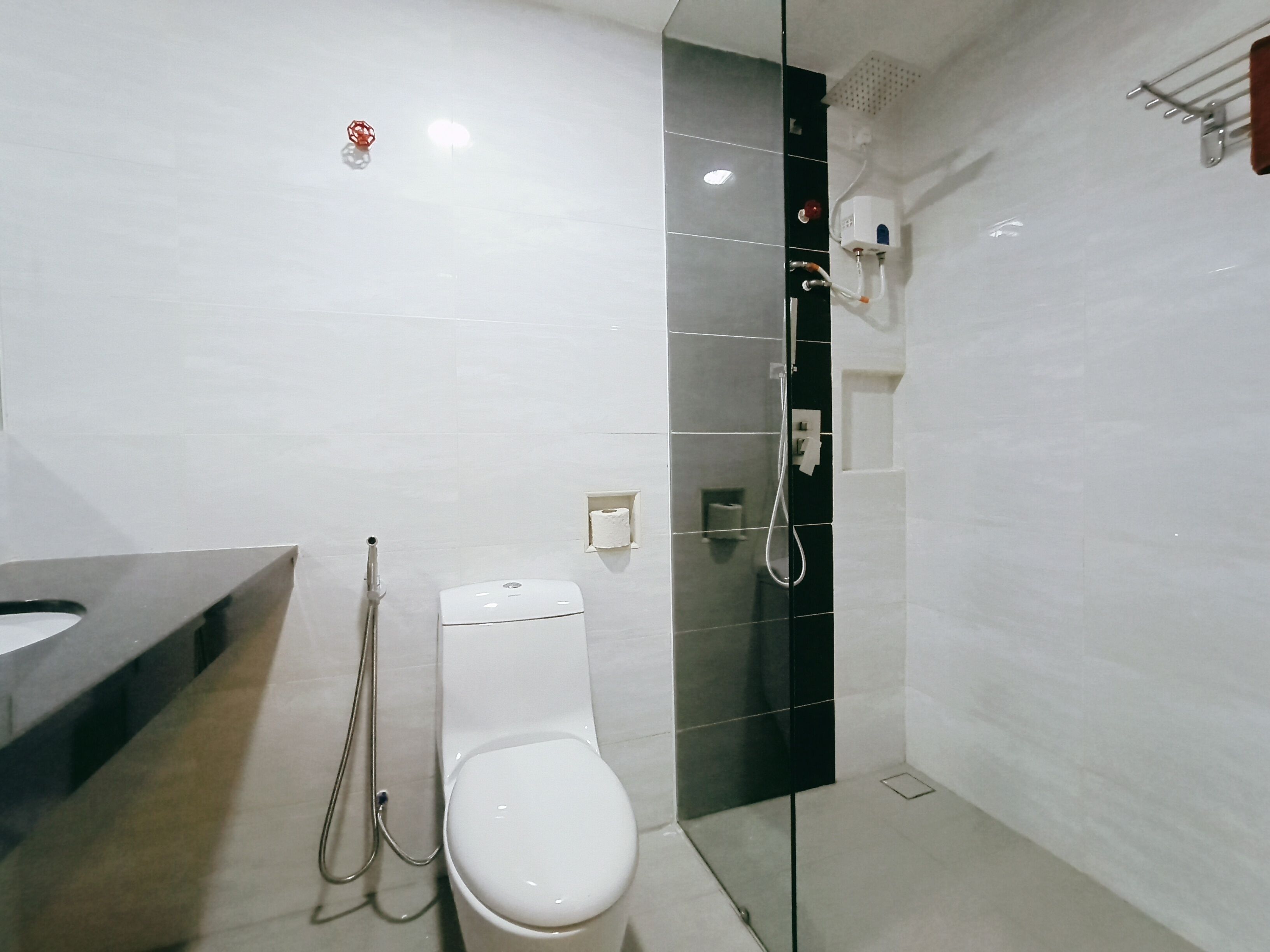 A modern bathroom with a toilet, a shower, and a sink.