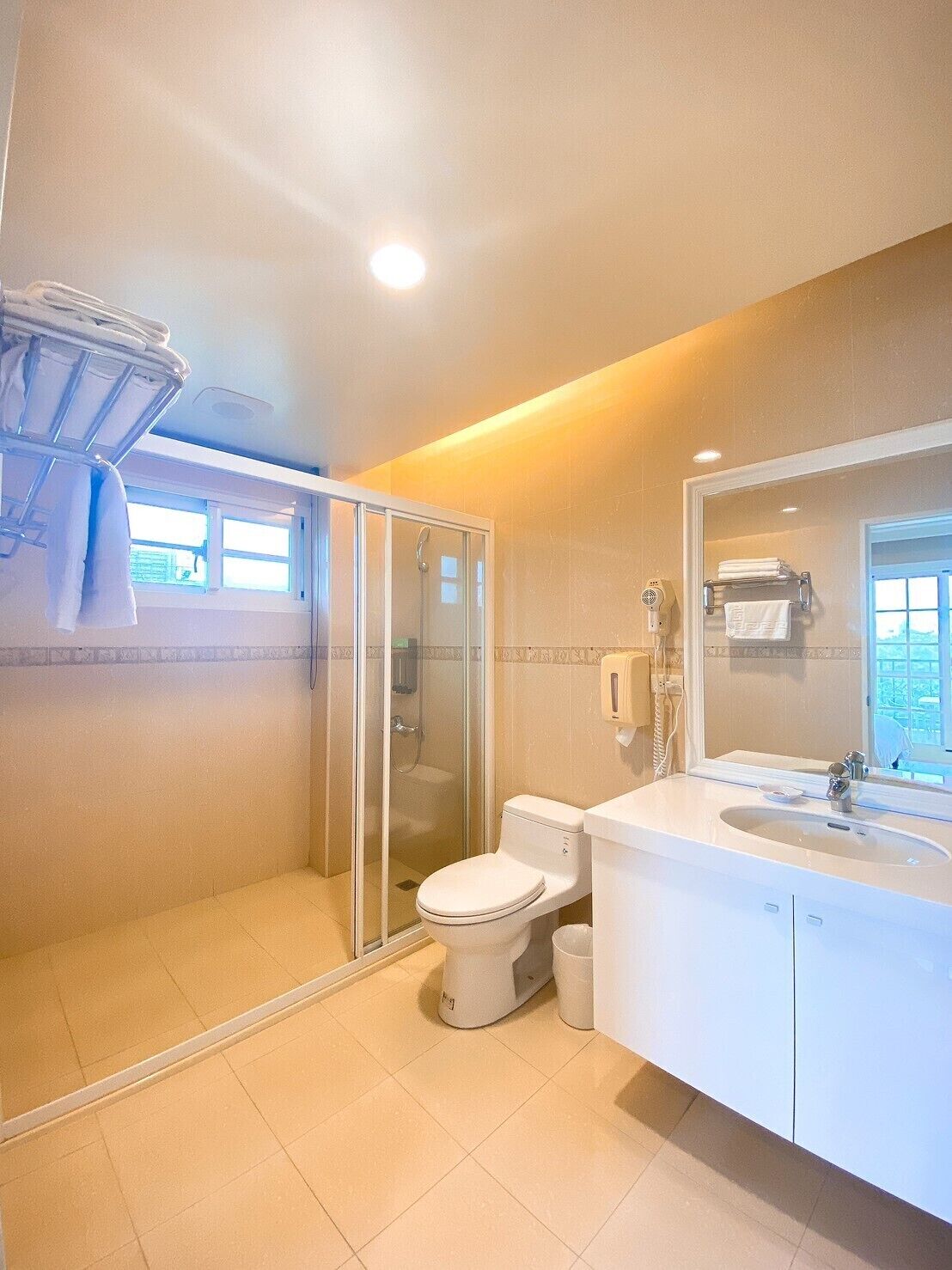 A modern bathroom with a glass-enclosed shower, a toilet, and a sink with a mirror.