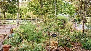 Un jardín con un letrero de 'WELCOME', una cerca de madera y diferentes plantas.
