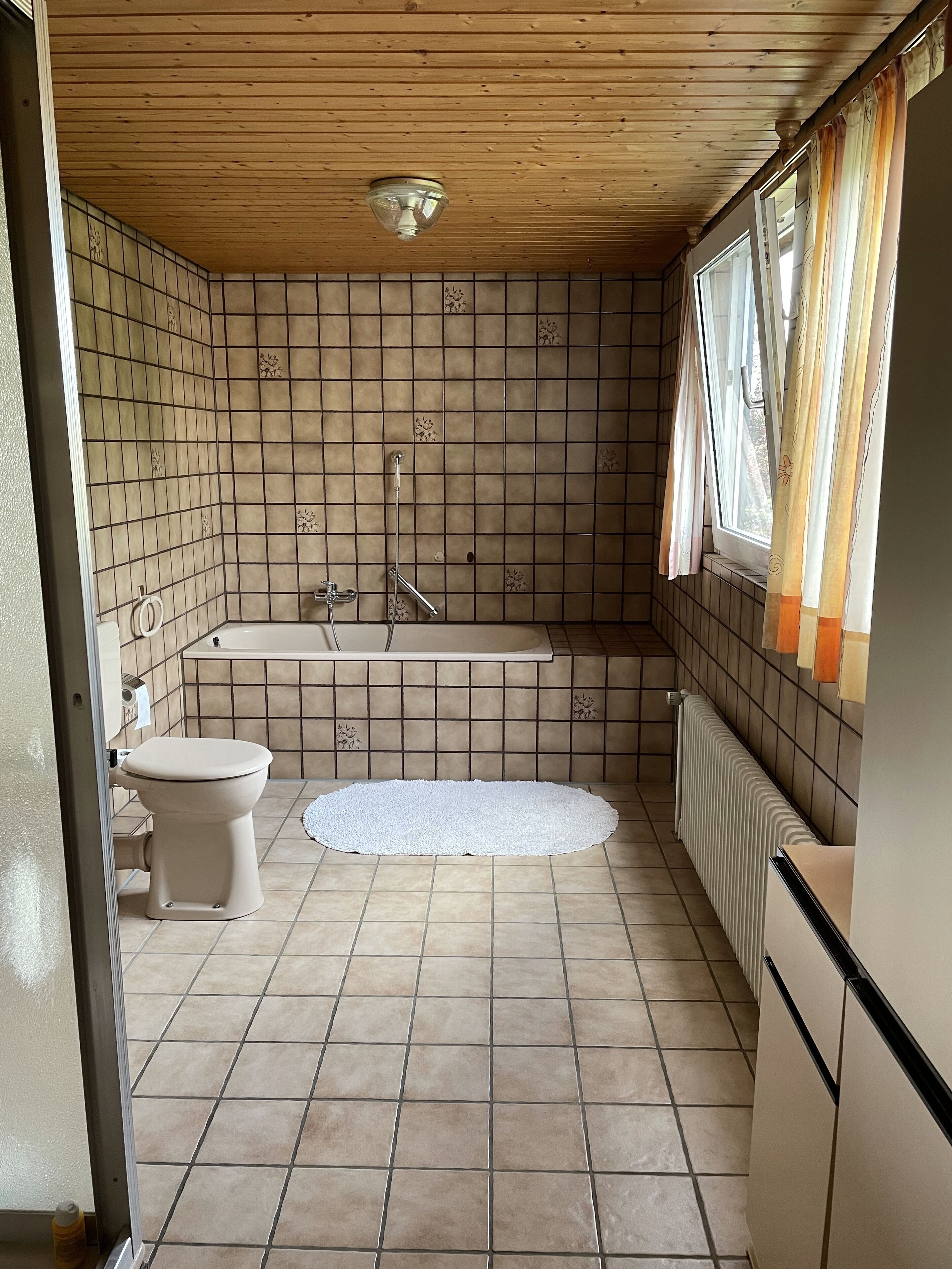 Bañera, secador de pelo, toallas y jabón