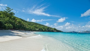 A beach with clear turquoise water, white sand, and green foliage. - Inn at Tamarind Court (St. John)