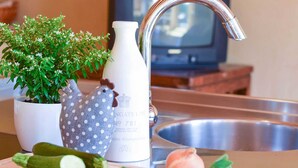 A kitchen counter with a cutting board, vegetables, a potted plant, a polka-dotted oven mitt, and a stainless steel sink.