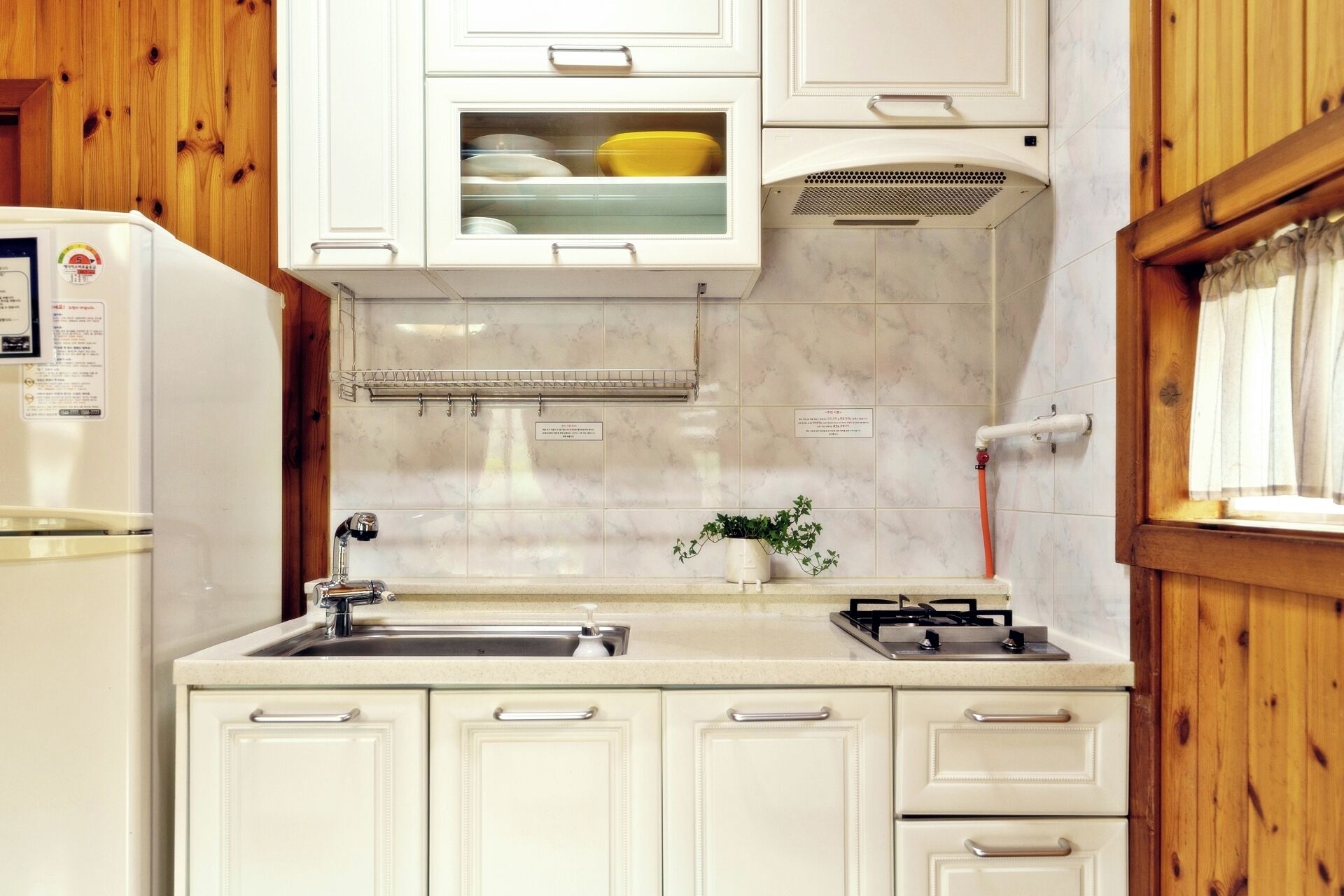 A kitchen with white cabinets, a stainless steel sink, a gas stove, and a small potted plant.