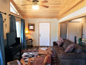 Télévision, cheminée, livres, espaces bureaux