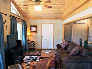 Televisión, chimenea, libros y oficina 