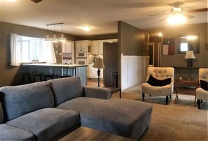 TV, fireplace, books, offices