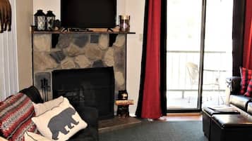 TV, fireplace, books, offices