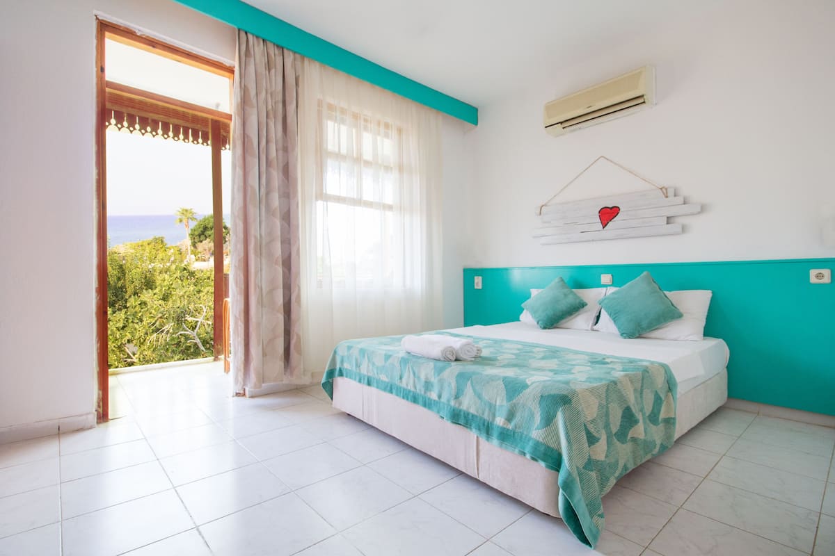 Une chambre à coucher avec un lit, des rideaux, une vue sur l  ’extérieur et un climatiseur fixé au mur.