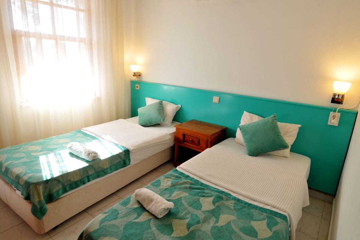 Une chambre avec deux lits, chacun doté d’un matelas blanc et d’une couvre-lit à motifs verts. On y trouve deux tables de chevet avec des lampes, et les murs sont peints en couleur turquoise.