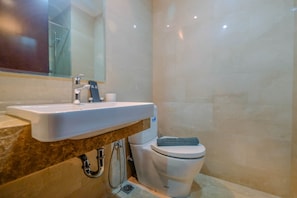 A bathroom with a white sink, a toilet, and a shower.