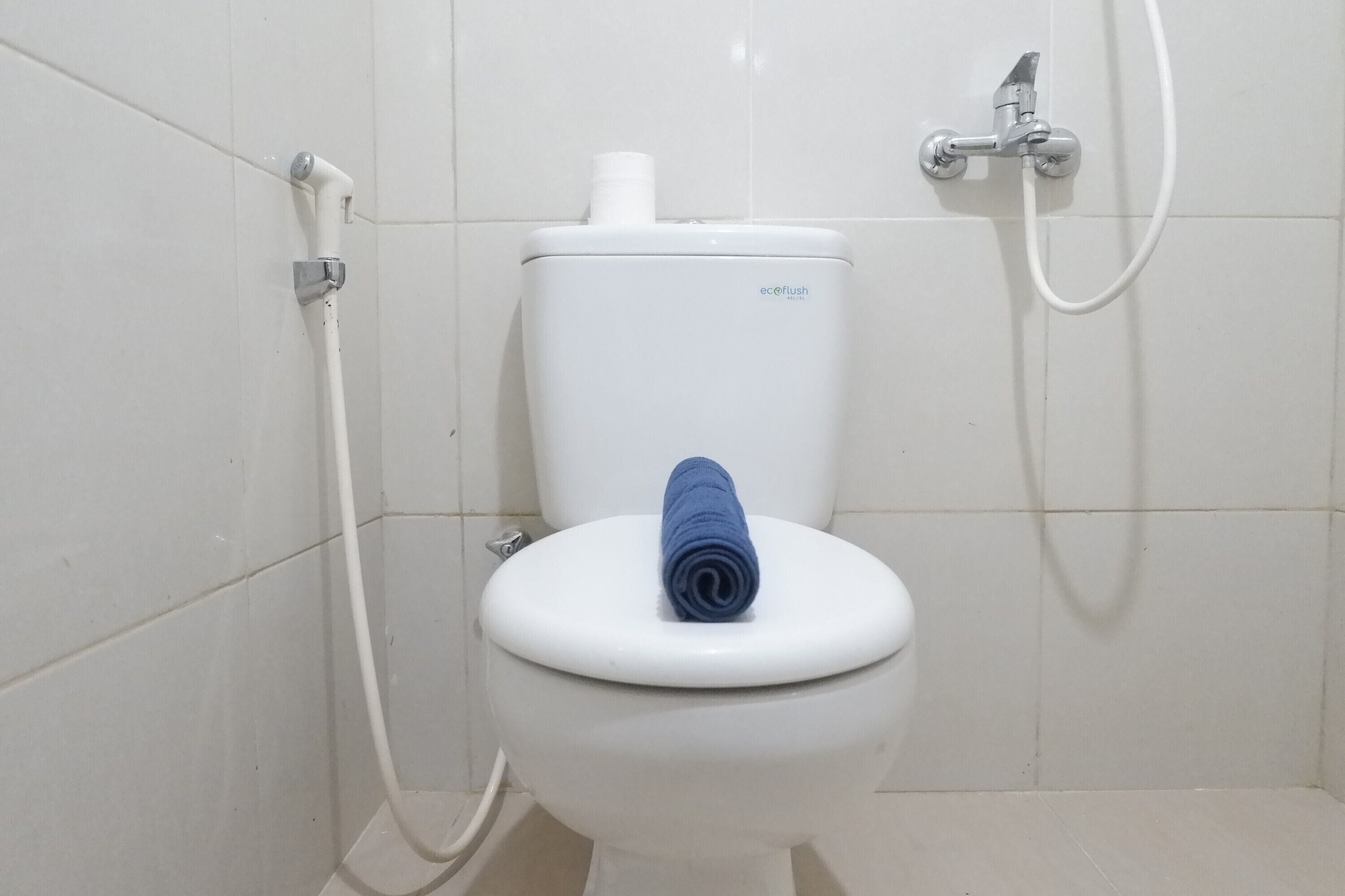 Sanitário branco com toalha azul no assento, rolo de papel higiénico e mangueira de chuveiro.