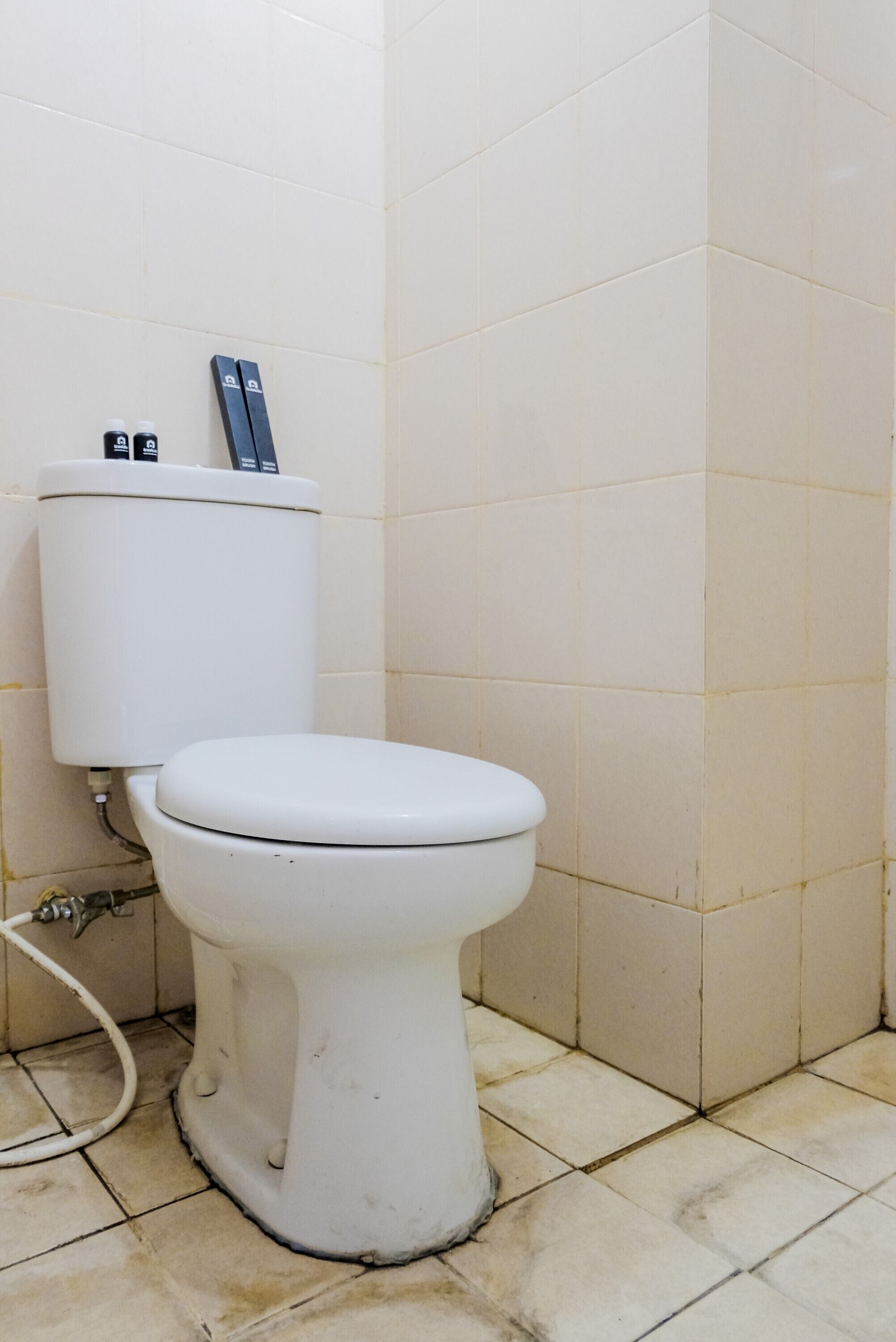 A white toilet with a tank, a bidet attachment, and a visible pipe.