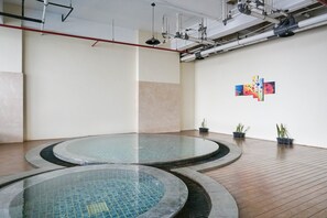 Een modern binnenzwembad met een houten vloer en een betegelde rand. Er staan potplanten tegen de muur en het plafond heeft zichtbare leidingen en verlichtingsarmaturen.