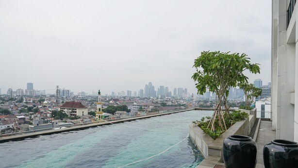 A rooftop pool with a city view, a small garden with plants, and two black vases. - Cozy Studio Apartment at Nine Residence connected to Mall (Jakarta)