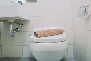 A bathroom with a white toilet, a white sink, and a toilet paper holder on the wall.