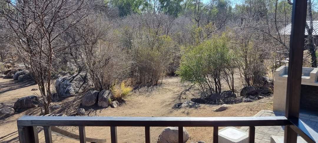 Vista desde un balcón sobre un área ajardinada con rocas y vegetación escasa.