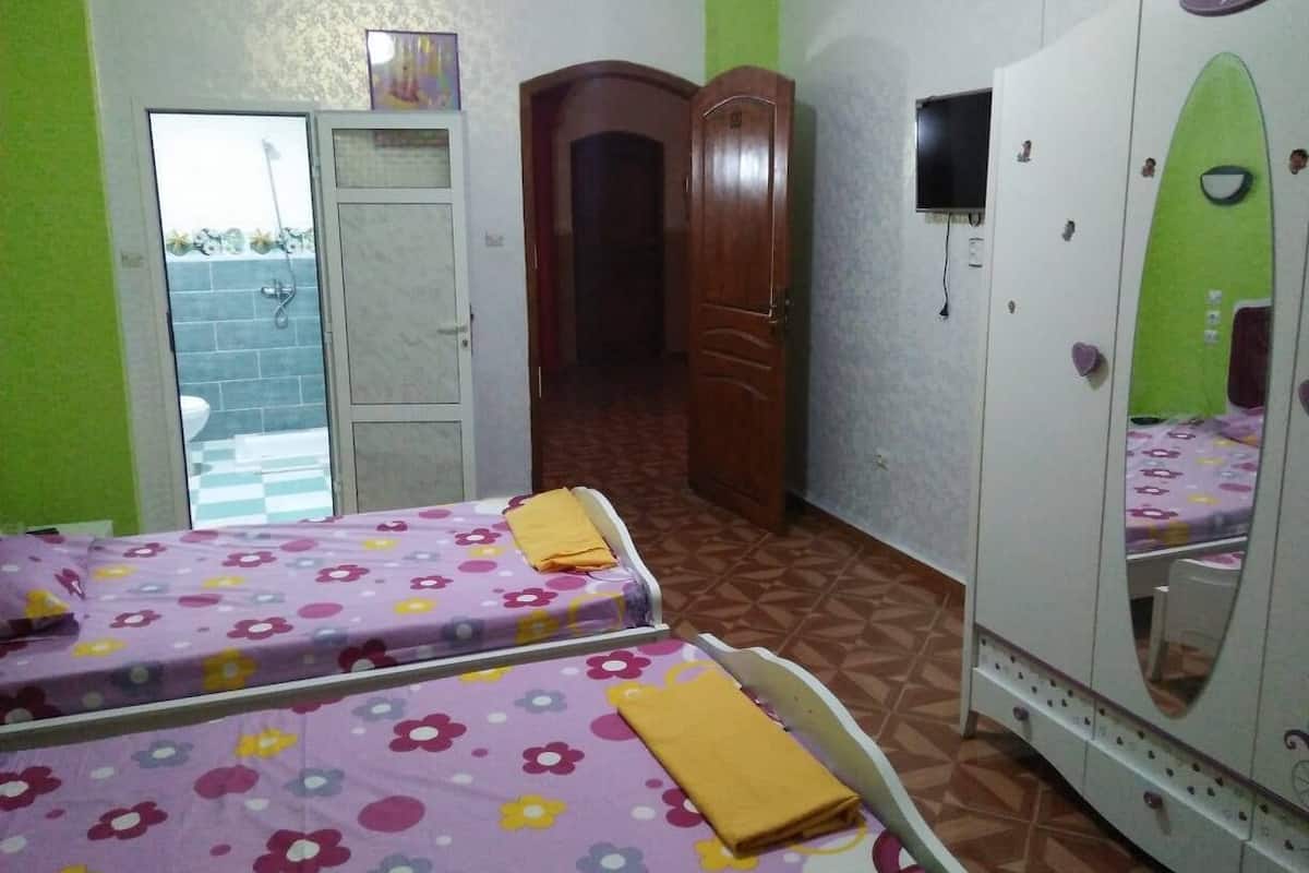 A room with two beds, a wardrobe, a mirror, and a shower area.