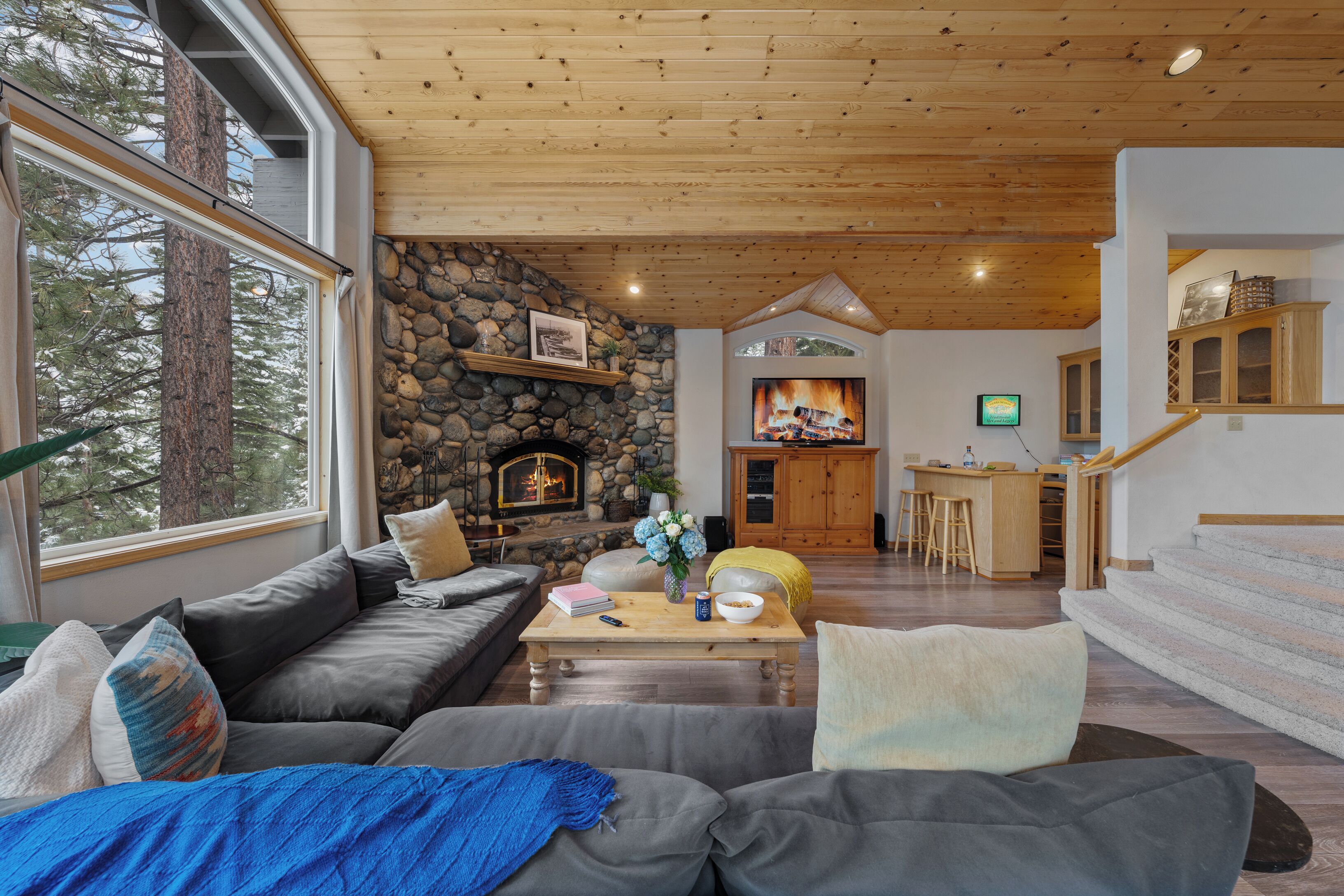 Smart TV, fireplace, video games, foosball