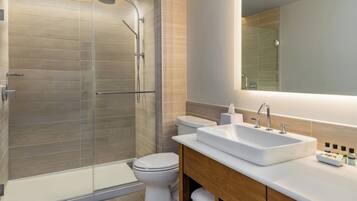 A modern bathroom with a glass-enclosed shower, a white toilet, and a large sink with a mirror above it.